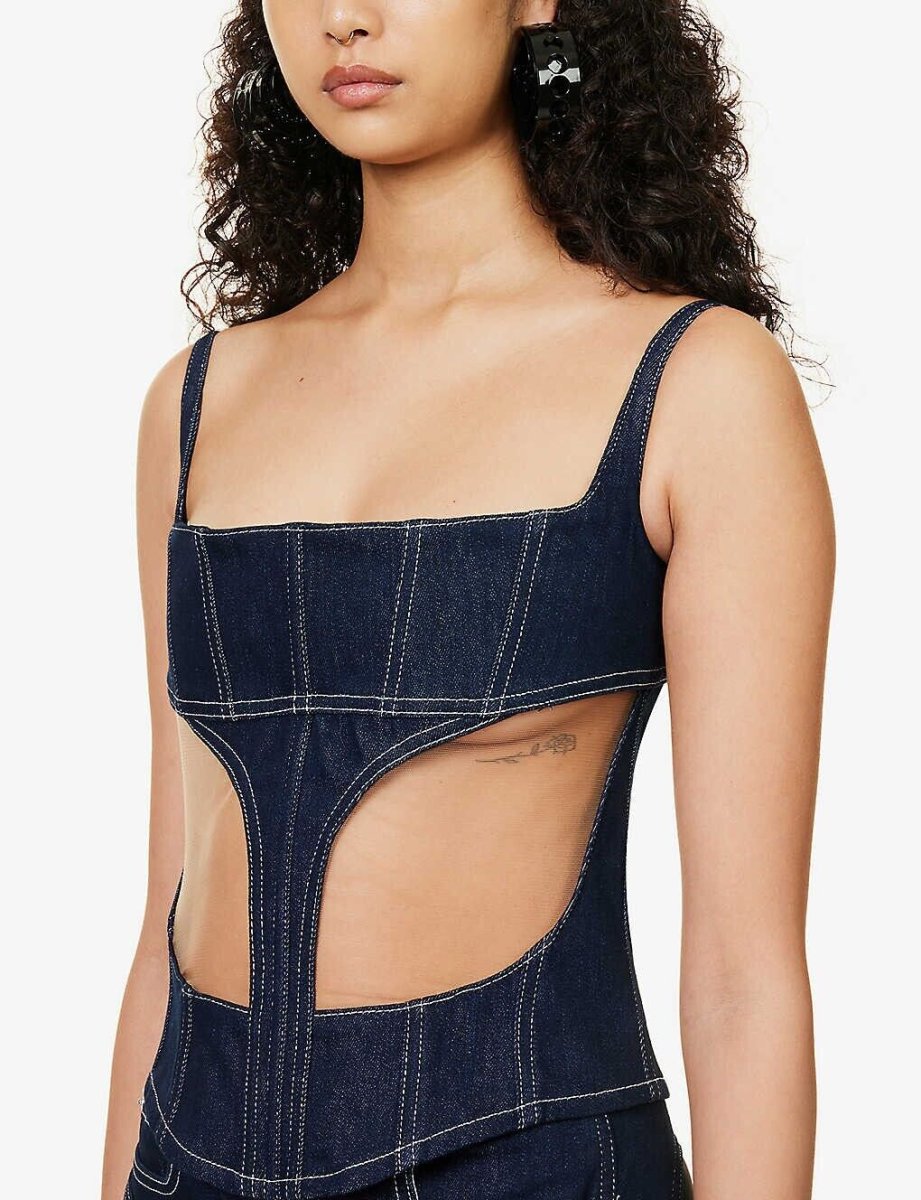 MUGLER Denim Cut-Out Detail Square Neck Corset Top - Imagen 9