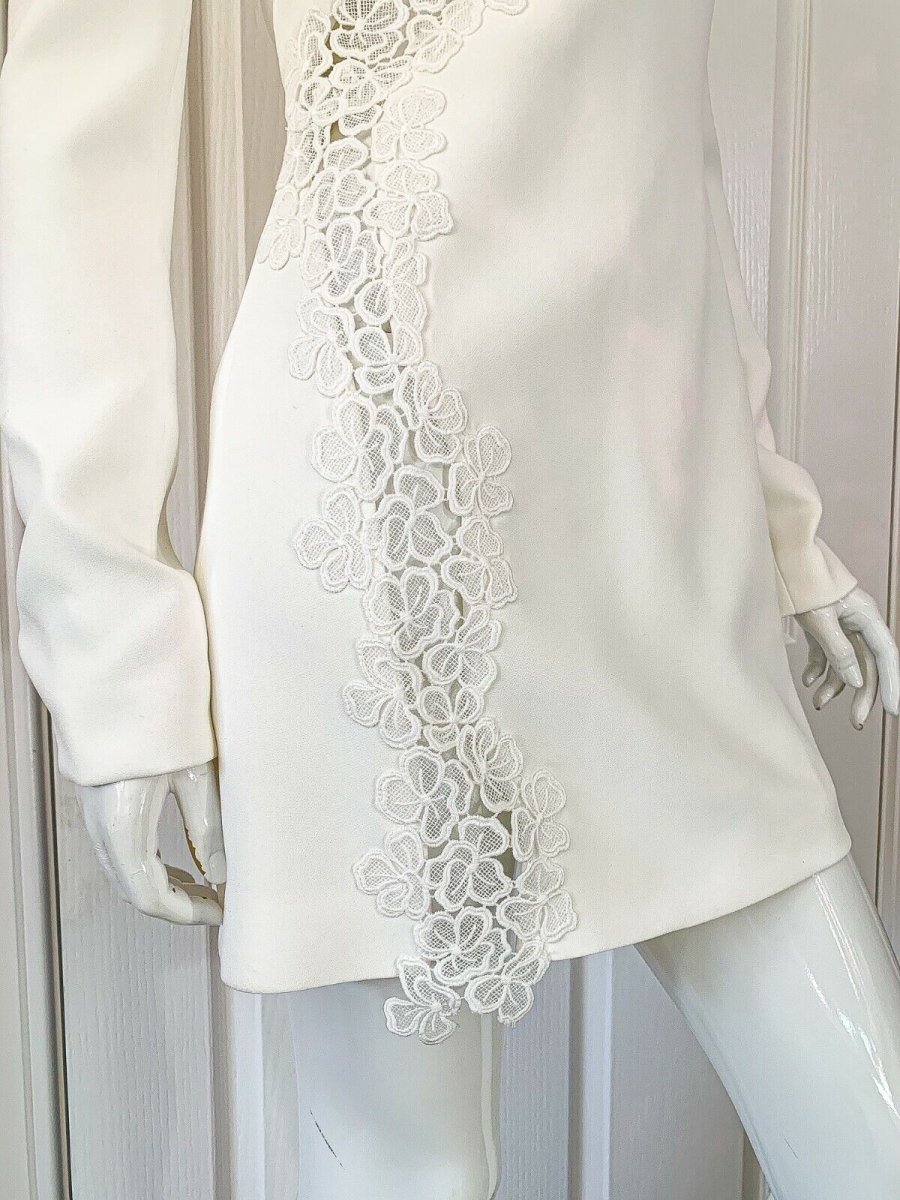 DAVID KOMA White Crepe Lace Macrame Trim Dress - Imagen 7