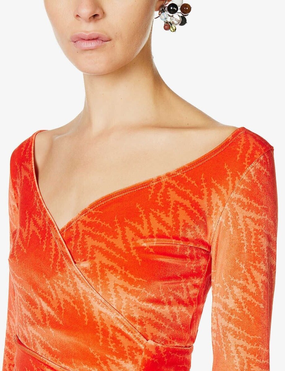 MAISIE WILEN Dramady Orange Abstract Print Velour Wrap Top - Imagen 5