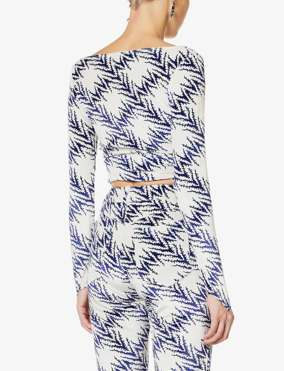 MAISIE WILEN Dramady Blue White Abstract Print Velour Wrap Top - Imagen 5