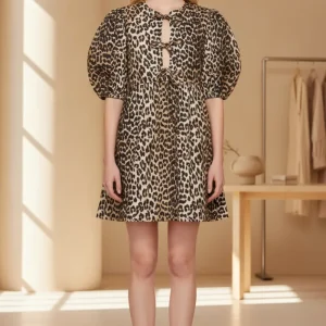 Ganni Leopard Print Poplin Puff Sleeve Tie-up Front Mini Dress