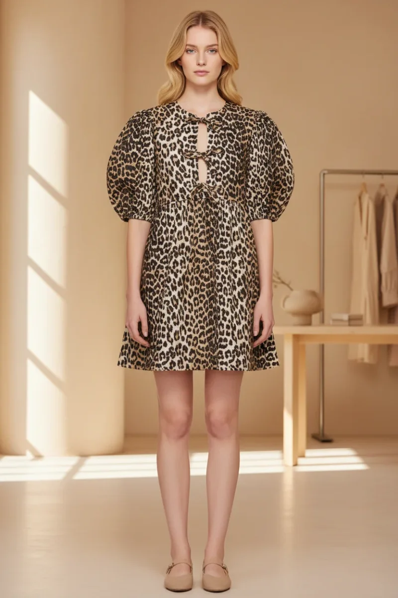 Ganni Leopard Print Poplin Puff Sleeve Tie-up Front Mini Dress - Imagen 2