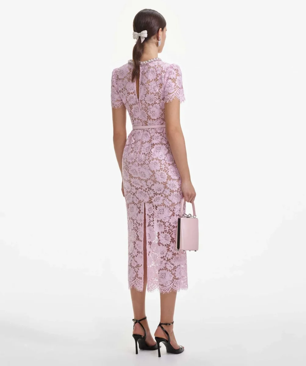 Self-Portrait Pink Floral Lace Pearl Embellished Neck Belted Midi Dress - Imagen 5