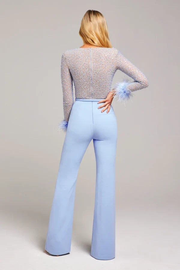 Nadine Merabi Blue Amelia Pearl Sequinned Feather Trim Cuff Jumpsuit - Imagen 7