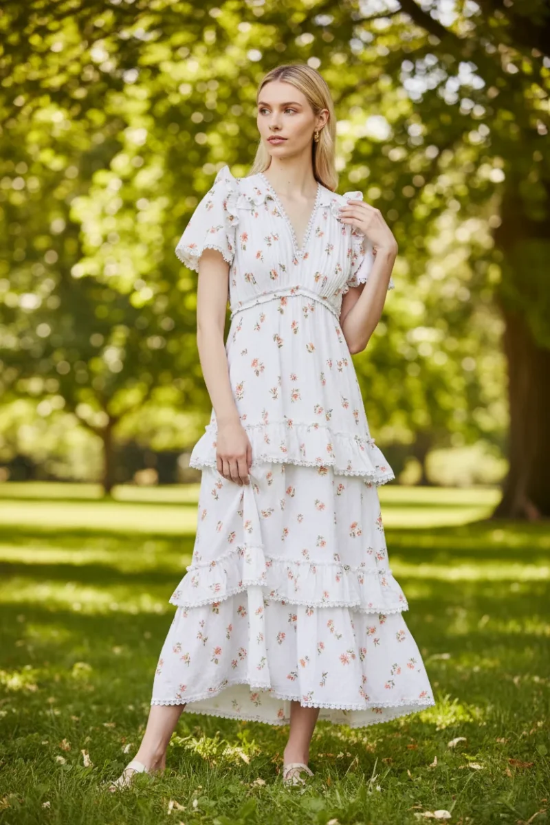 Needle & Thread Floral Scatter Ditsy Tiered Hem Organic Cotton Midi Dress - Imagen 6