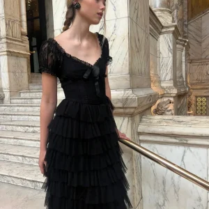 Amy Jane London Black Lace Sweetheart Neck Coquette Sofia Maxi Tulle Dress