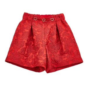 Monnalisa Girls Red Diamanté Heart Floral Brocade Shorts