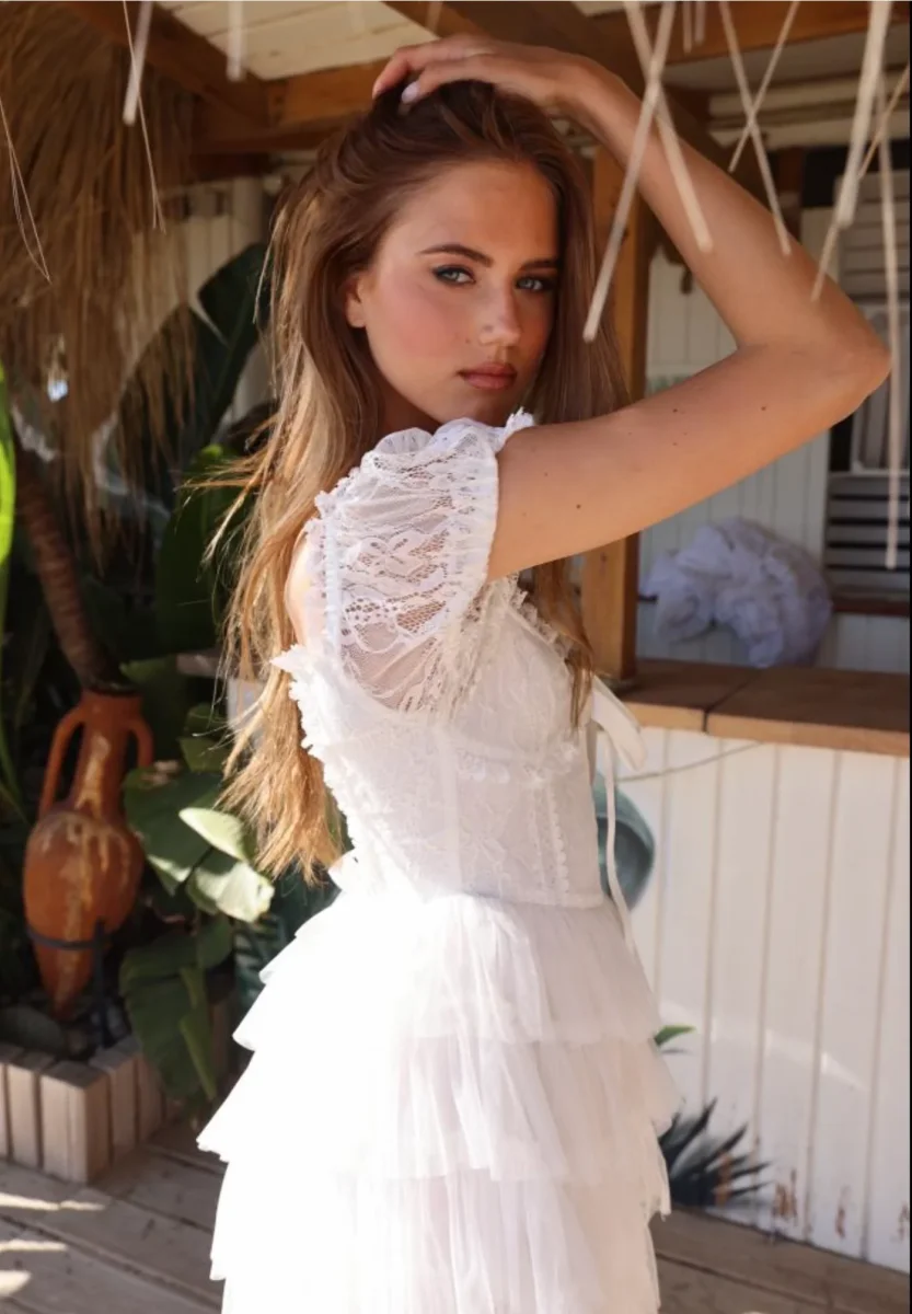 Amy Jane London White Sofia Lace Coquette Corset Style Ballerina Tulle Hem Mini Dress - Imagen 9