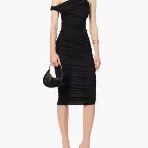 Reformation x Laura Harrier Alycia Black Knit Ruched Off Shoulder Midi Dress