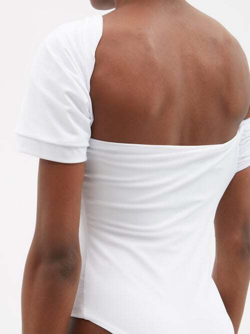 MAXIMILIAN DAVIS Disco White Asymmetric Draped Stretch-jersey Bodysuit Top - Imagen 4