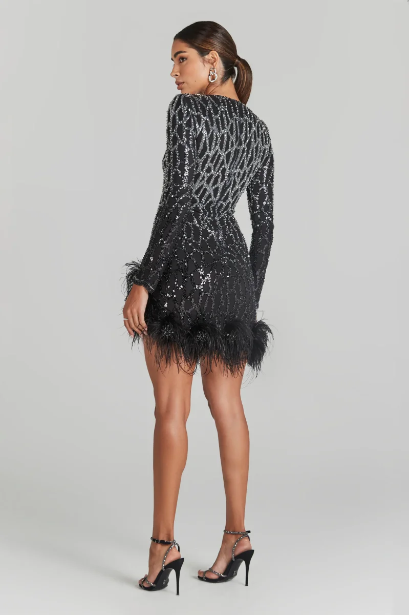 Nadine Merabi Black Lexi Beaded Embellished Feather Hem Mini Dress - Imagen 7