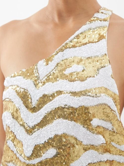 Halpern Tiger Gold White Full Sequinned One Shoulder 70s Disco Party Midi Dress - Imagen 4