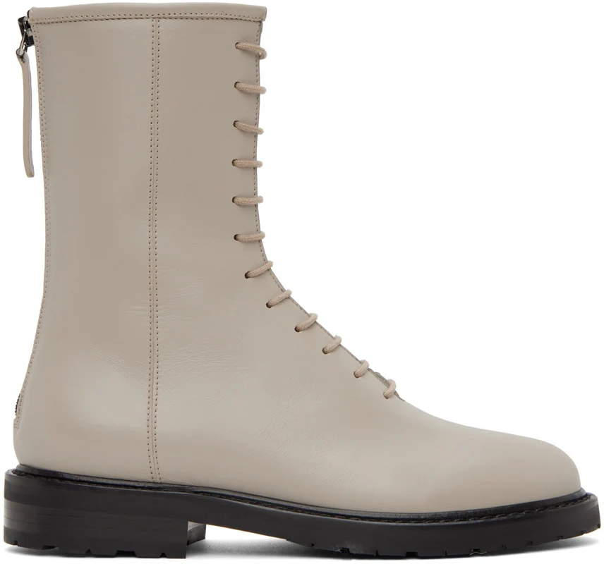 LEGRES Beige Leather Lace-Up Combat Boots - Imagen 9