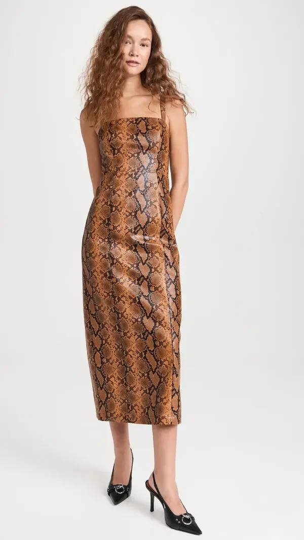 Kitri Ursula Snakeskin Brown Vinyl Midi Dress - Imagen 3