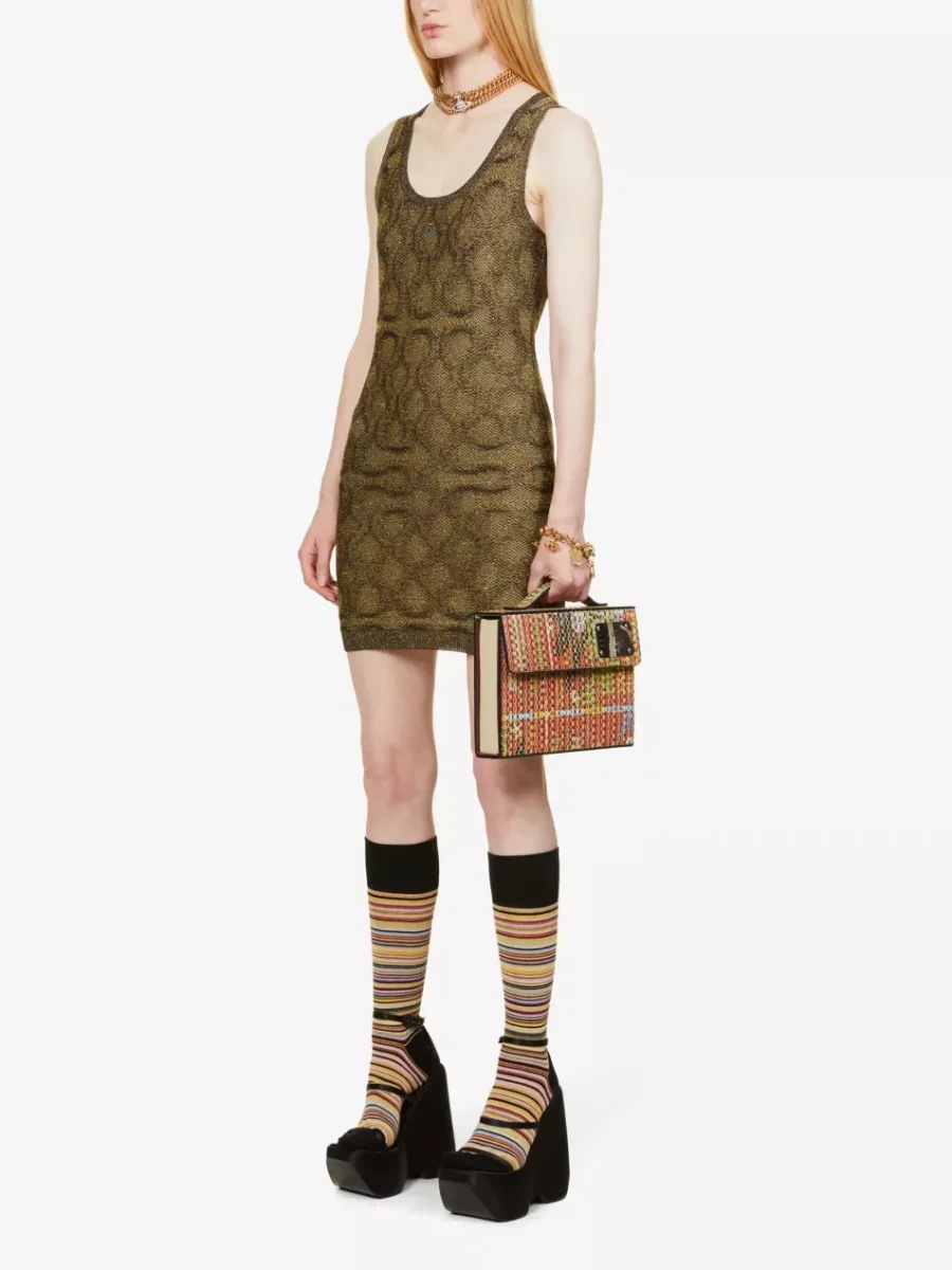 Vivienne Westwood Squiggle Print Knit Black Gold Metallic Mini Dress - Imagen 9