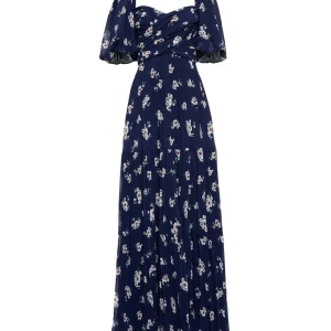 Self-Portrait Pansy Floral Blue Sweetheart Neck Pleated Chiffon Maxi Dress