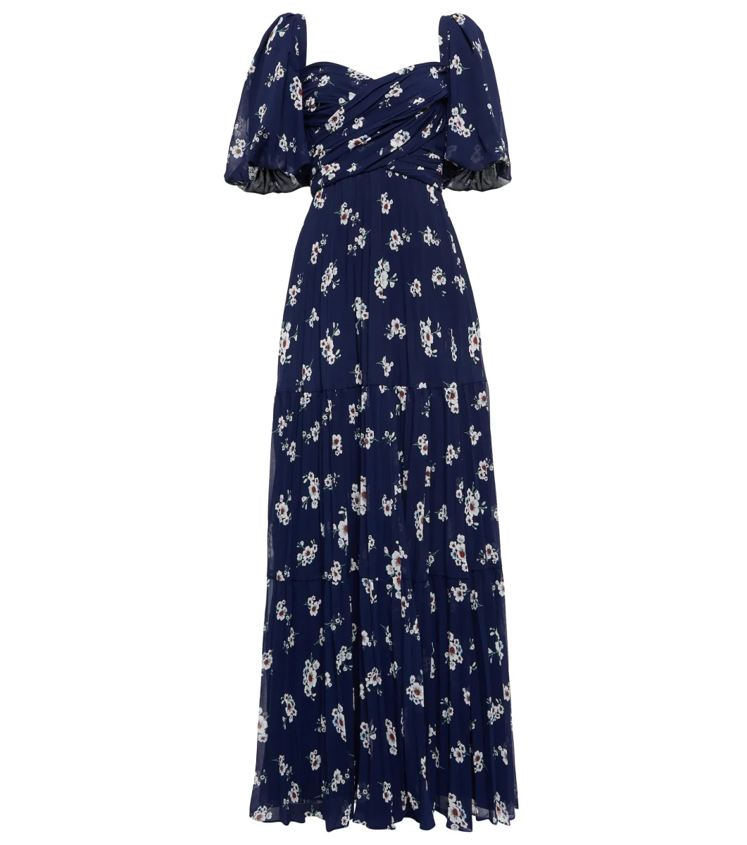 Self-Portrait Pansy Floral Blue Sweetheart Neck Pleated Chiffon Maxi Dress