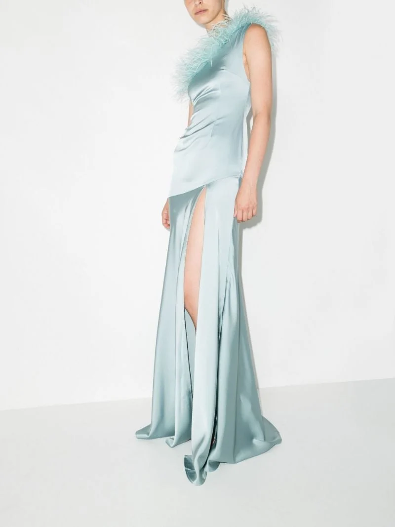 De La Vali Blue Satin Finca Feather Trim One Shoulder Gown Dress - Imagen 4