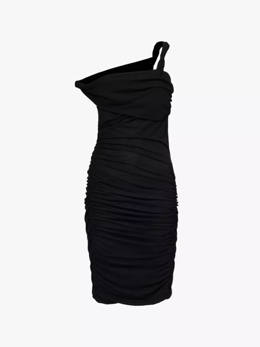 Reformation x Laura Harrier Alycia Black Knit Ruched Off Shoulder Midi Dress - Imagen 3