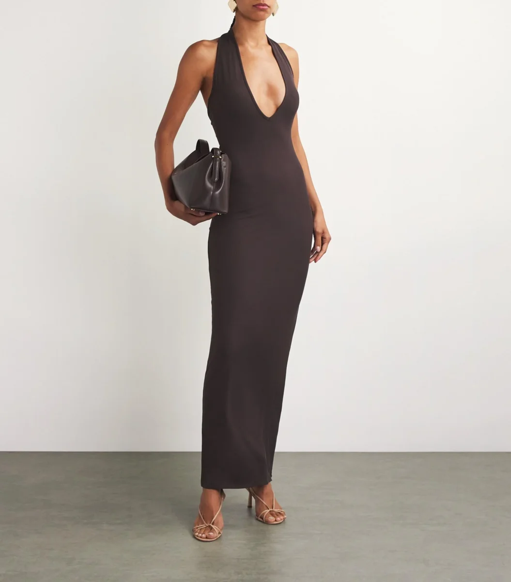 Skims Brown Ribbed Knit Stretch Woven Halterneck Maxi Dress - Imagen 3