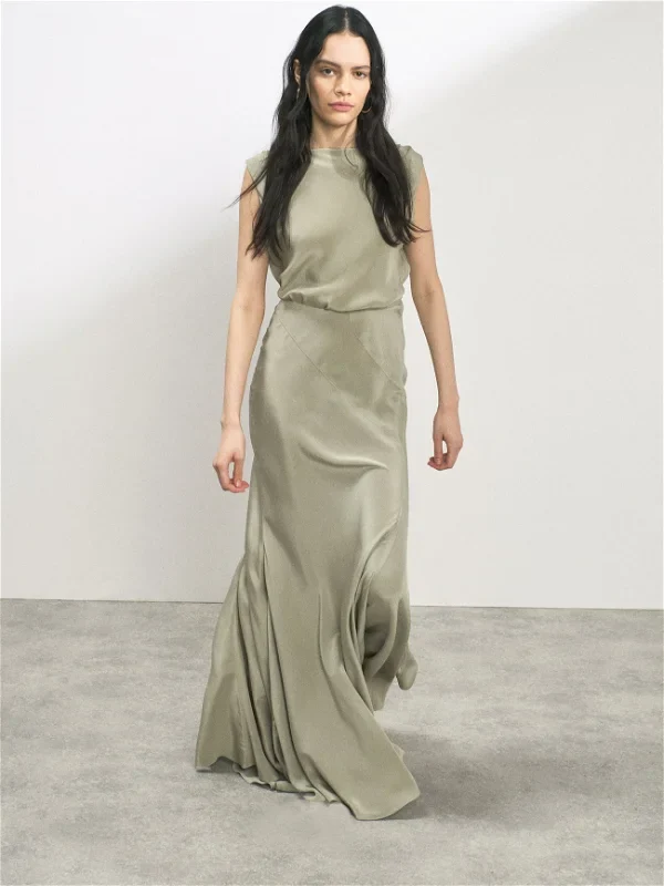 RAEY Cowl-Back Silk Seam Detail Pistachio Green Crepe De Chine Maxi Dress