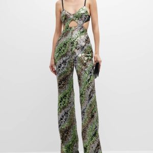 Halpern Sequin Emerald Green Cut-Out Bra Backless Party Mod 70s Jumpsuit