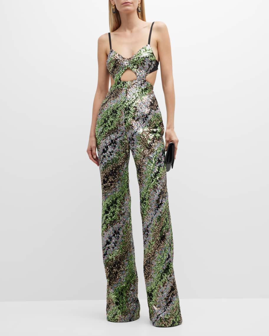 Halpern Sequin Emerald Green Cut-Out Bra Backless Party Mod 70s Jumpsuit