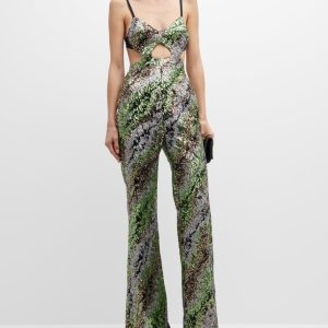 Halpern Sequin Emerald Green Cut-Out Bra Backless Party Mod 70s Jumpsuit