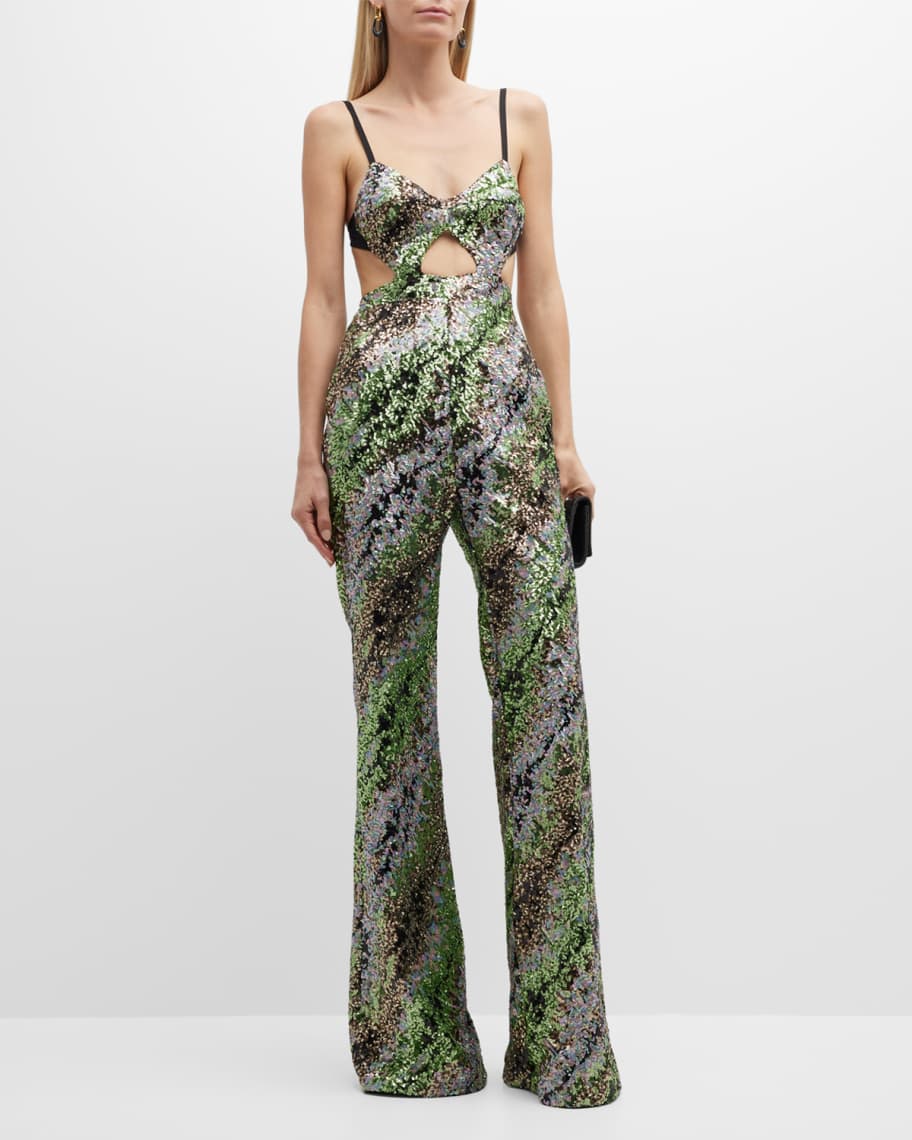Halpern Sequin Emerald Green Cut-Out Bra Backless Party Mod 70s Jumpsuit