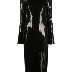 De La Vali Lazarus Black Sequinned Keyhold Neck Midi Dress