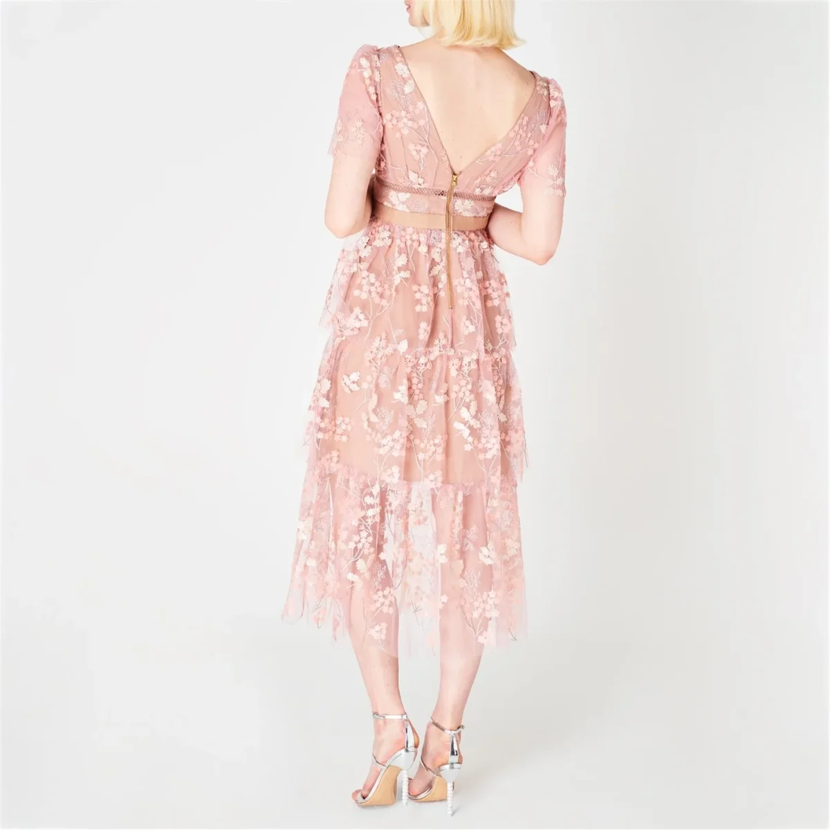 Self-Portrait Pink Flower Mesh Tiered Midi Dress - Imagen 8