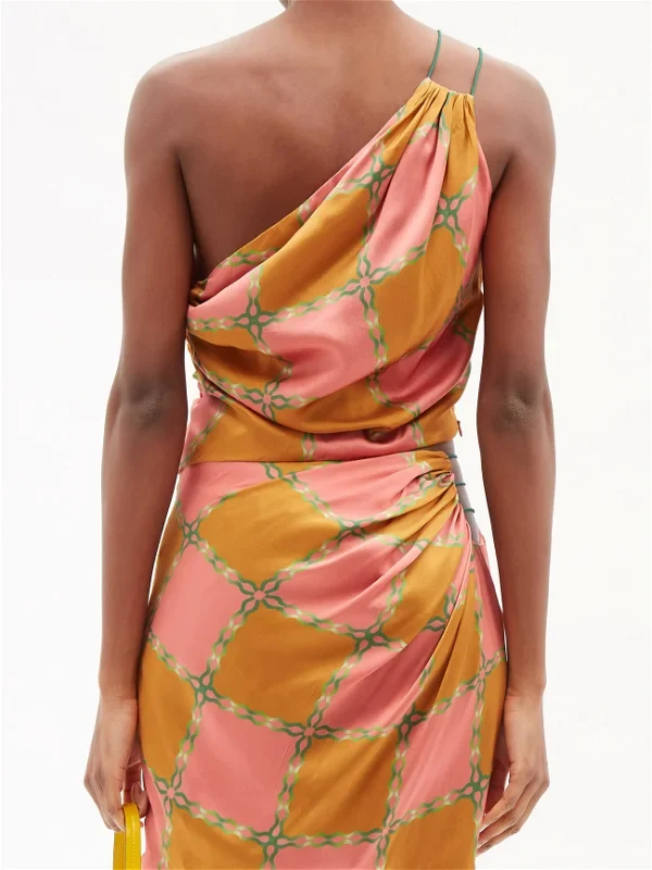 AHLUWALIA Silk Tumeric Pink Green Check Printed Tie Detail Skirt - Imagen 7