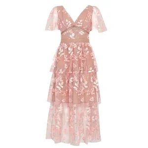Self-Portrait Pink Flower Mesh Tiered Midi Dress