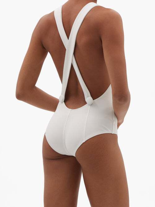 LISA MARIE FERNANDEZ White Criss Cross Back Button Detail Swimsuit - Imagen 4