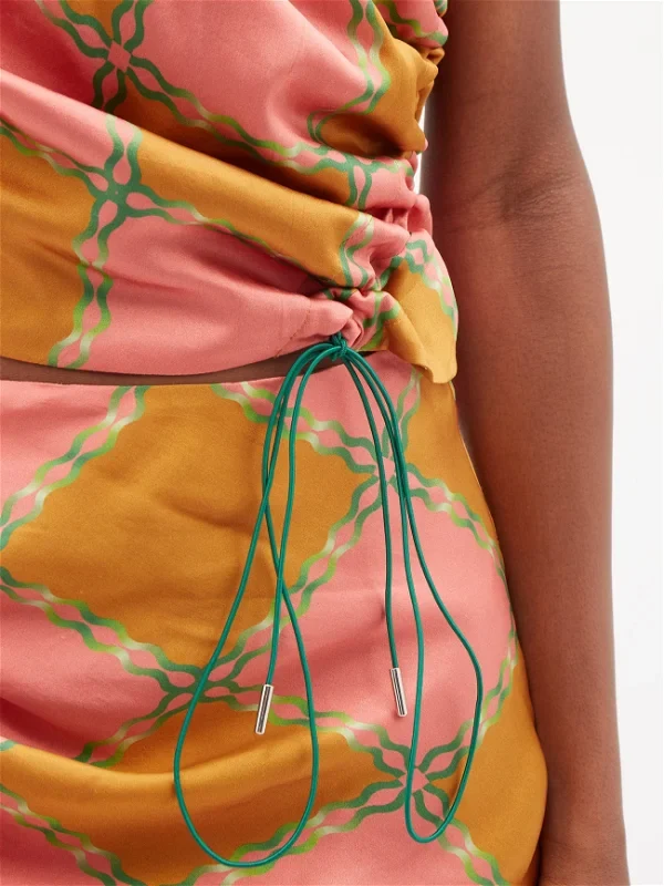 AHLUWALIA Silk Tumeric Pink Green Check Printed Tie Detail Skirt - Imagen 6