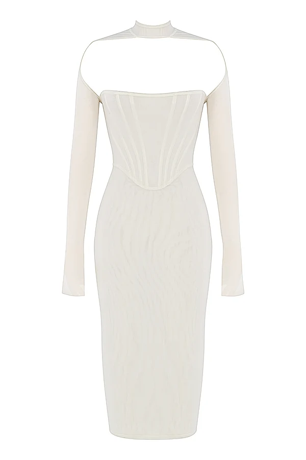 House Of CB Millarose White Mesh Corset Long Sleeve Collared Open Front Midi Dress - Imagen 3