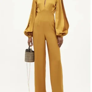 TALLER MARMO Huston Backless Balloon-Sleeve Crepe Yellow Gold Jumpsuit
