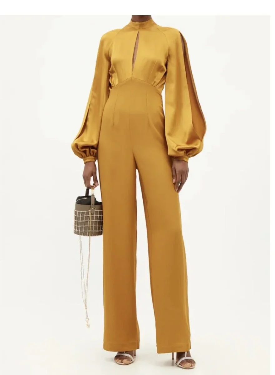 TALLER MARMO Huston Backless Balloon-Sleeve Crepe Yellow Gold Jumpsuit