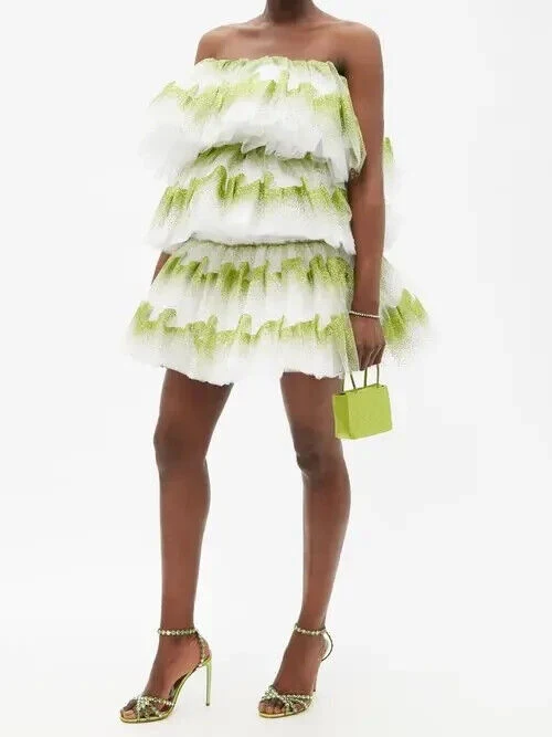 Halpern Shimmery Green Tiered Tulle Poofy Ruffle Strapless Mini Dress - Imagen 5