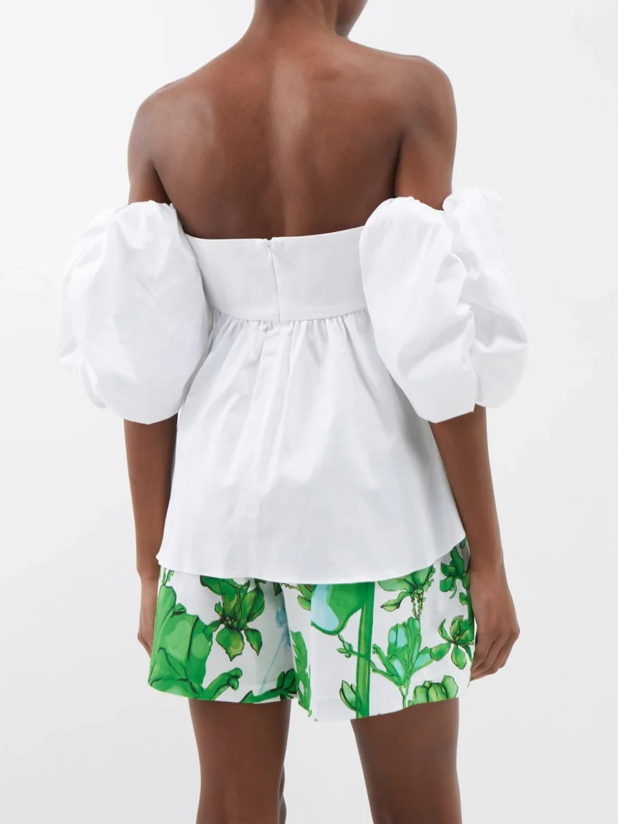 KIKA VARGAS White Off Shoulder Balloon Sleeve Taffeta Top - Imagen 6