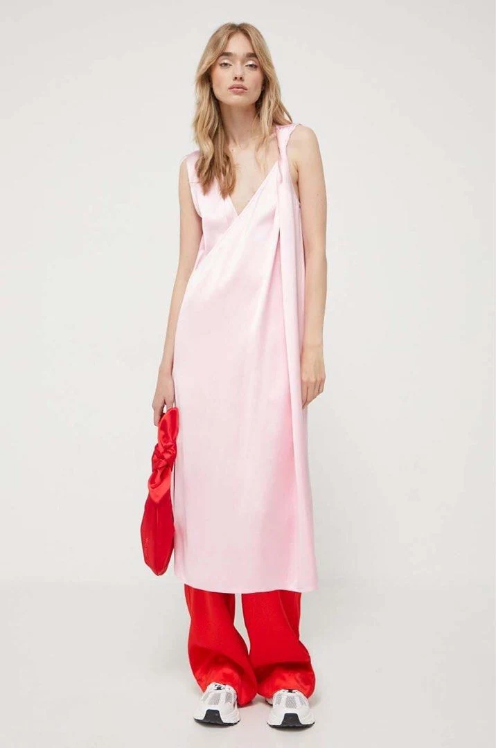 Stine Goya Pink Semi Heavy Satin V-Neck Sleeveless Midi Dress - Imagen 6