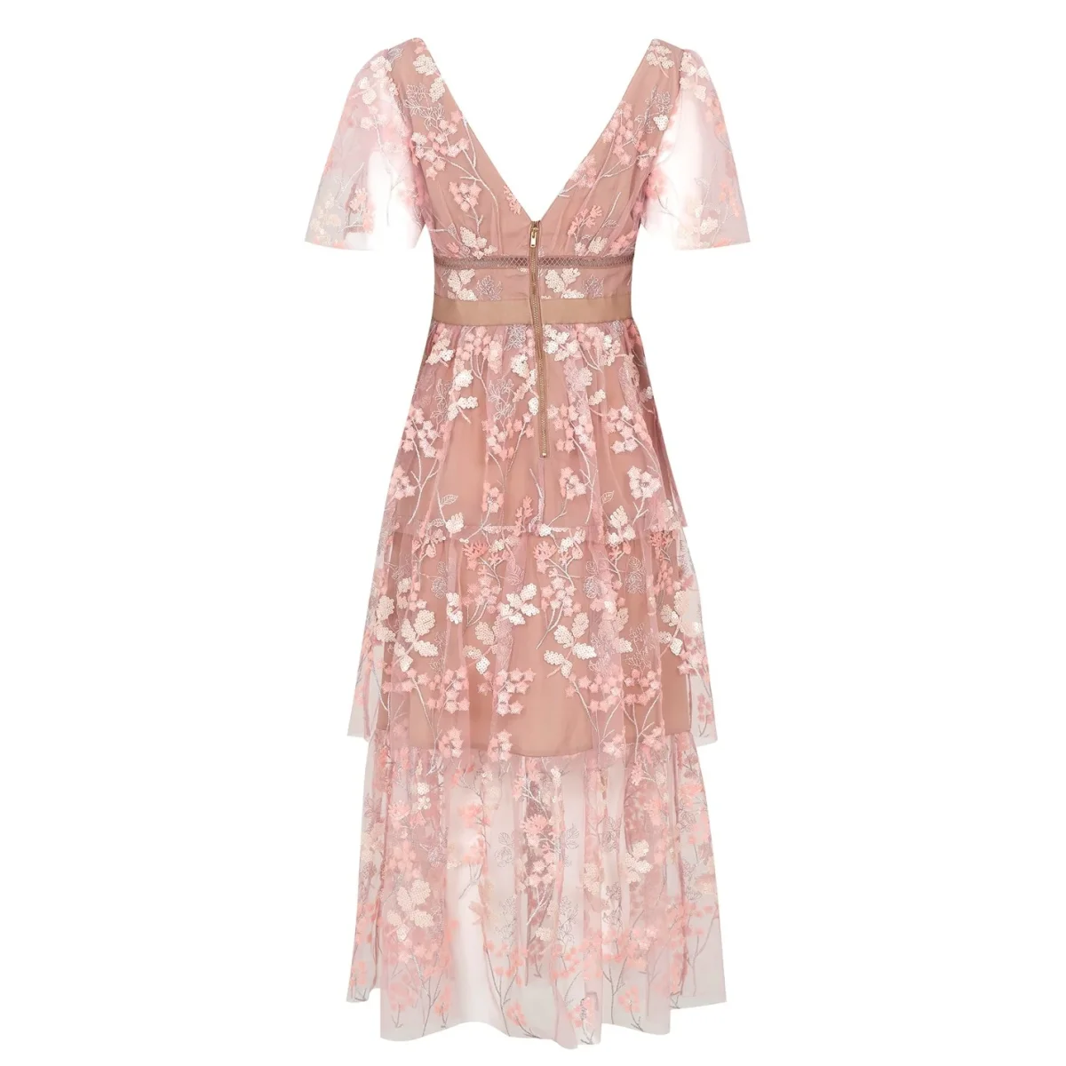 Self-Portrait Pink Flower Mesh Tiered Midi Dress - Imagen 3