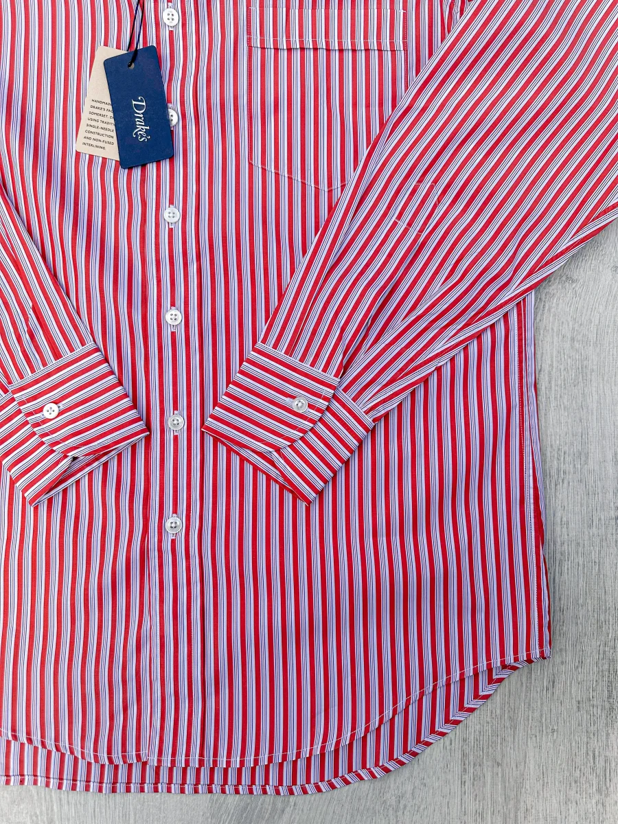 Drake's Red White Cotton Poplin Striped Shirt - Imagen 5