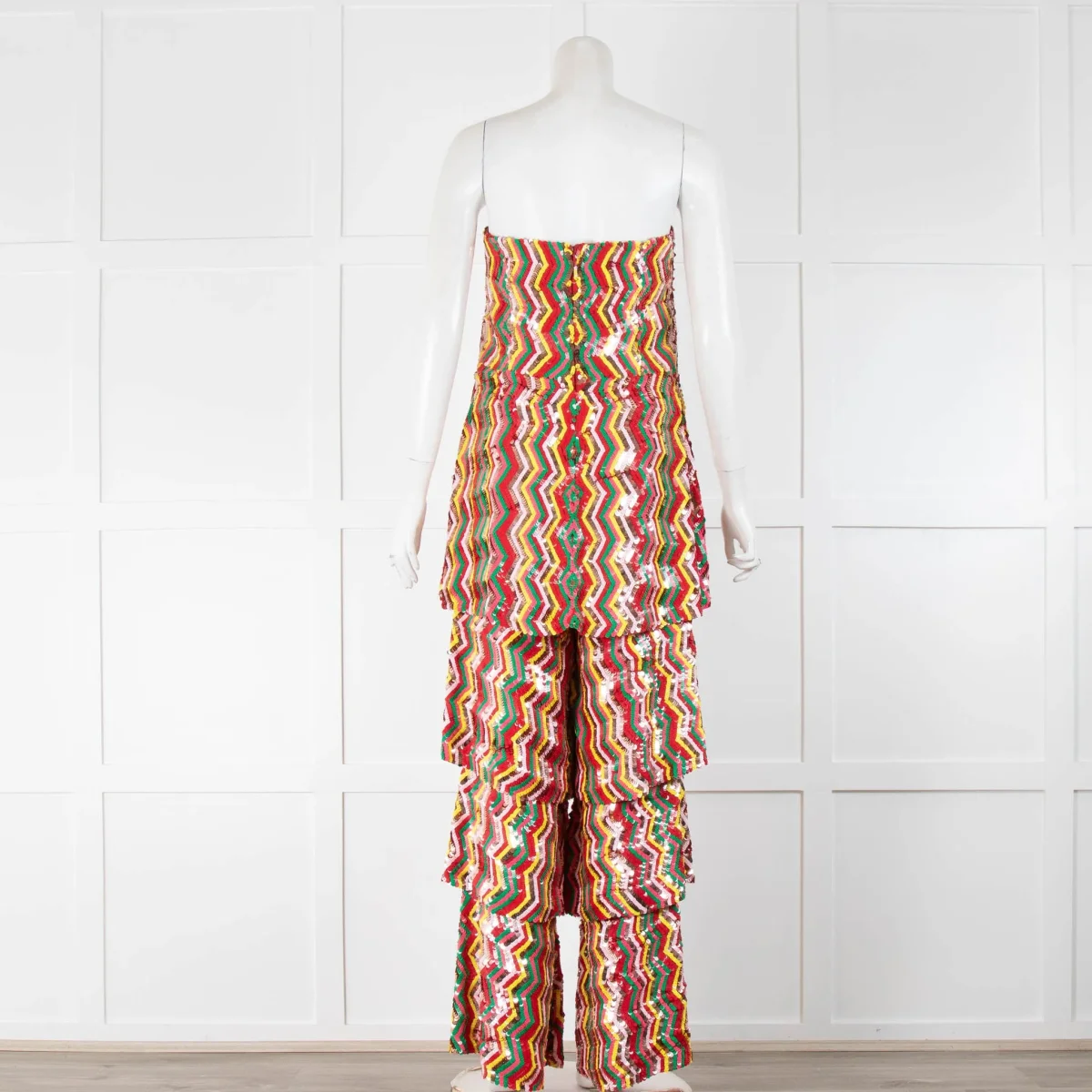 Osman London Rainbow Red Yellow Pink Sequinned Strapless Tiered Flounce Leg Tamina Jumpsuit - Imagen 5