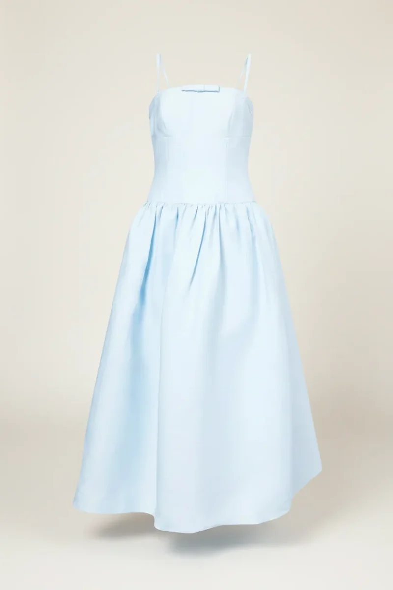 Self-Portrait Powder Blue Bow Detail Taffeta Flared Dress - Imagen 4