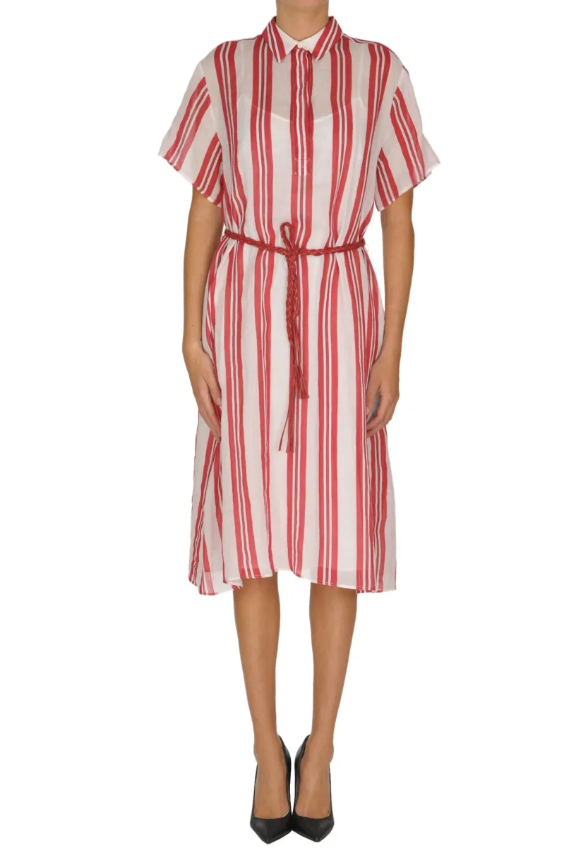 Max Mara Red White Striped Ramie Fabric Shirt Dress - Imagen 3