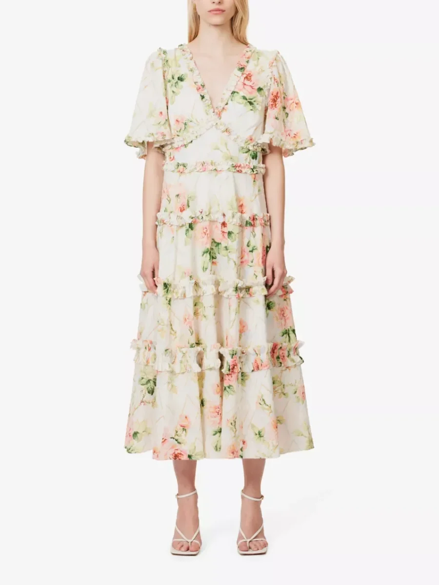 NEEDLE AND THREAD Harlequin Rose Floral Print Ruffle Flutter Sleeve Midi Dress - Imagen 3