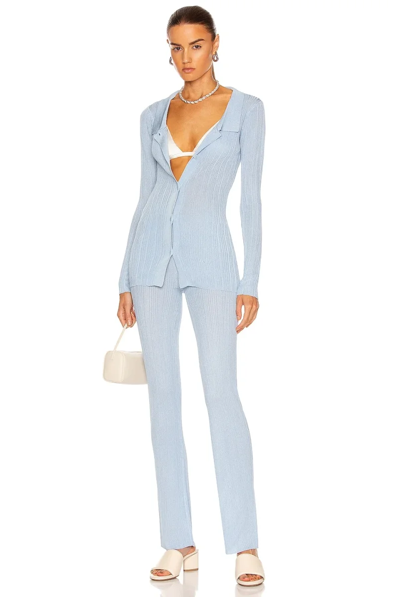 AYA MUSE Blue Ribbed Malachite Flared Pants Trousers - Imagen 5