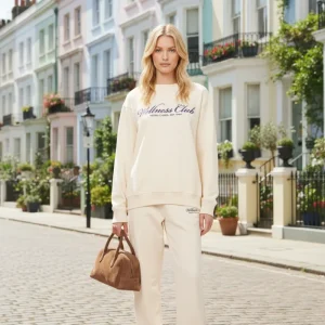 Sporty & Rich Wellness Club Embroidered Crewneck Cream Cotton Sweatshirt