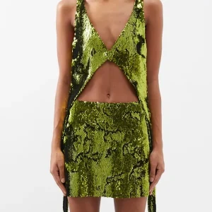Marques Almeida Green Cutout-Back Sequinned Party Crop Top